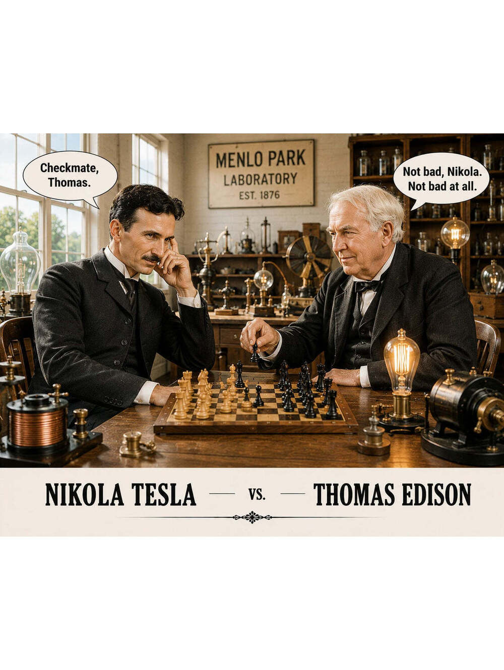 4338 Nikola Tesla vs Thomas Edison Across The Board Chess 8x10 Glossy Print